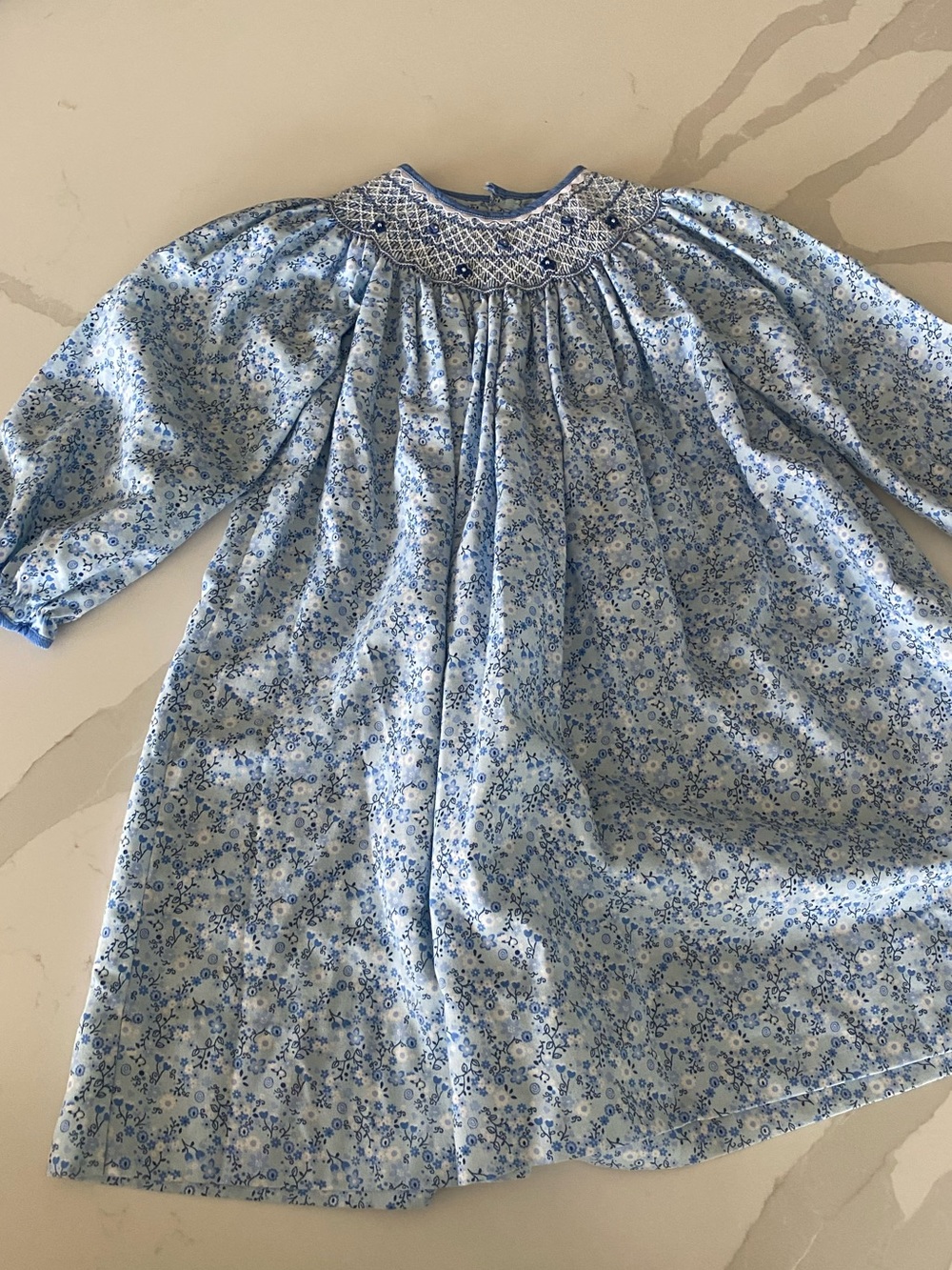 Petit Ami Girls 5Y Blue White Floral Smocked Long Sleeve Dress